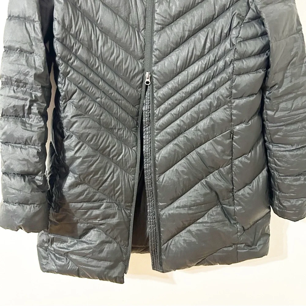 Lands’ End Longer Length Front Zip Down Puffer Coat Parka NO Hood Pockets Black